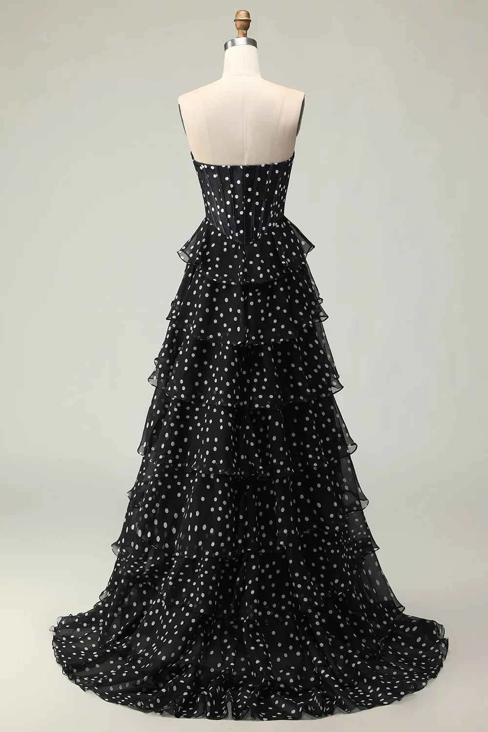 Kimberley Black Polka Dot Corset Bustier Tiered Maxi Dress