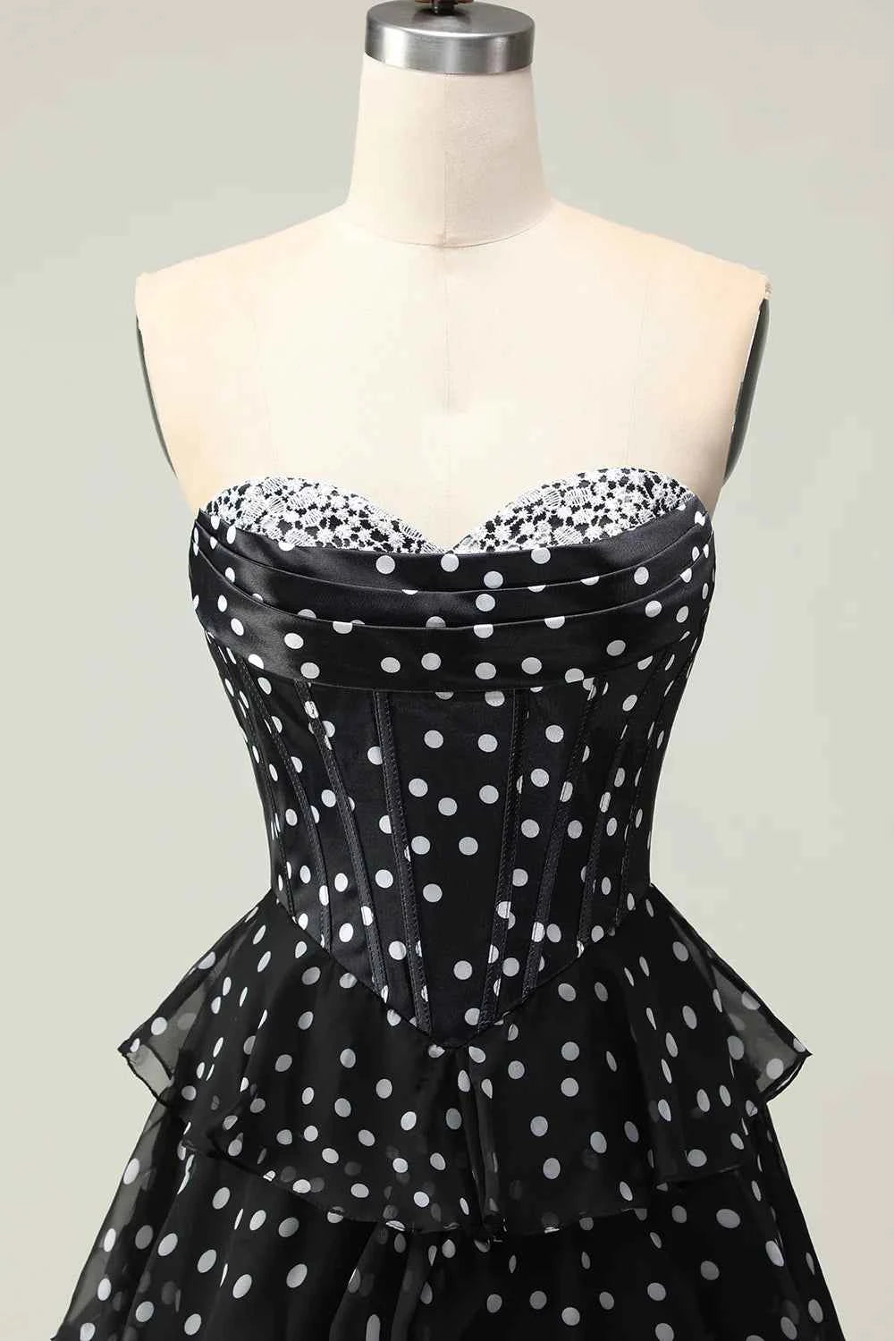 Kimberley Black Polka Dot Corset Bustier Tiered Maxi Dress