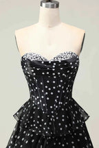 Kimberley Black Polka Dot Corset Bustier Tiered Maxi Dress