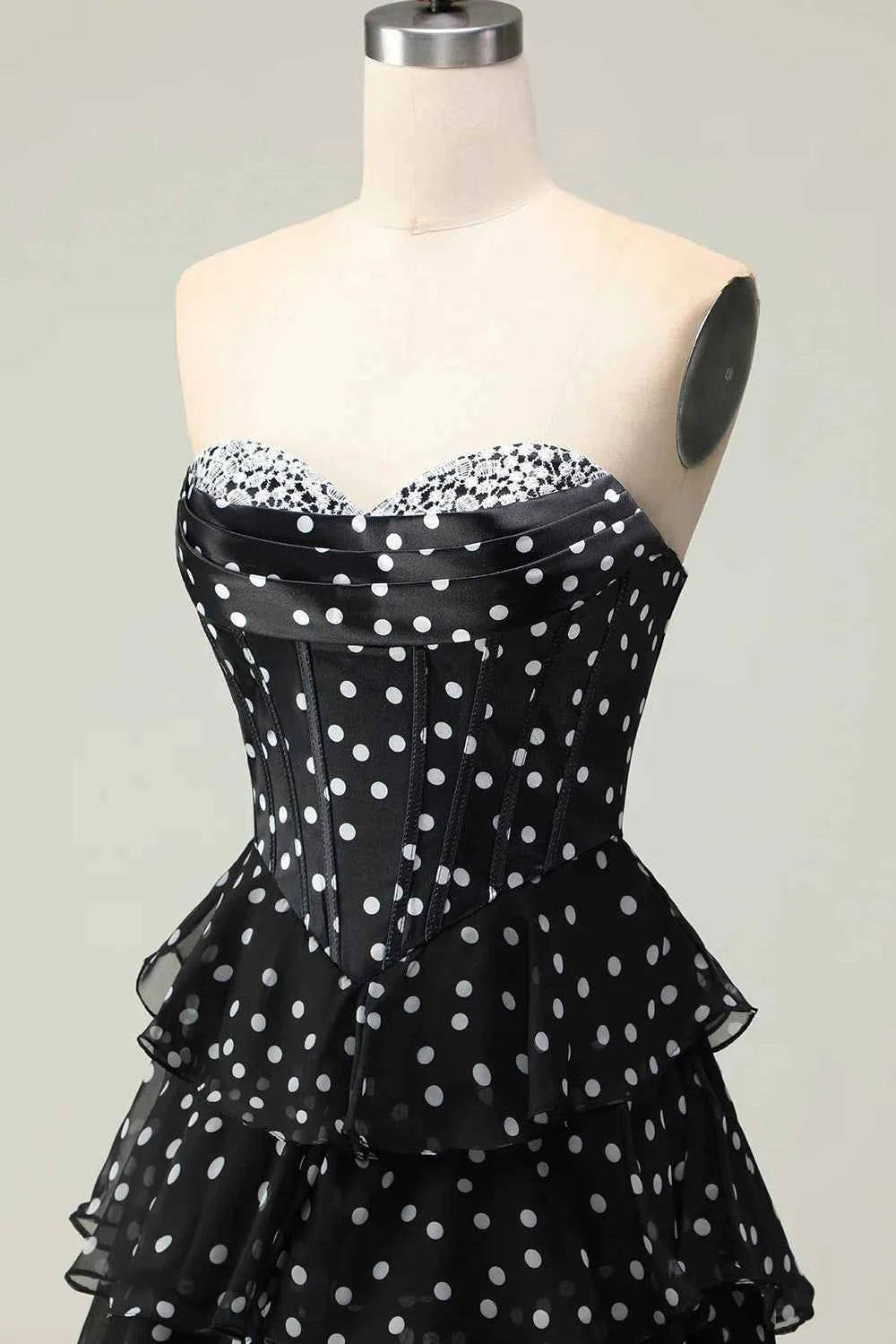 Kimberley Black Polka Dot Corset Bustier Tiered Maxi Dress