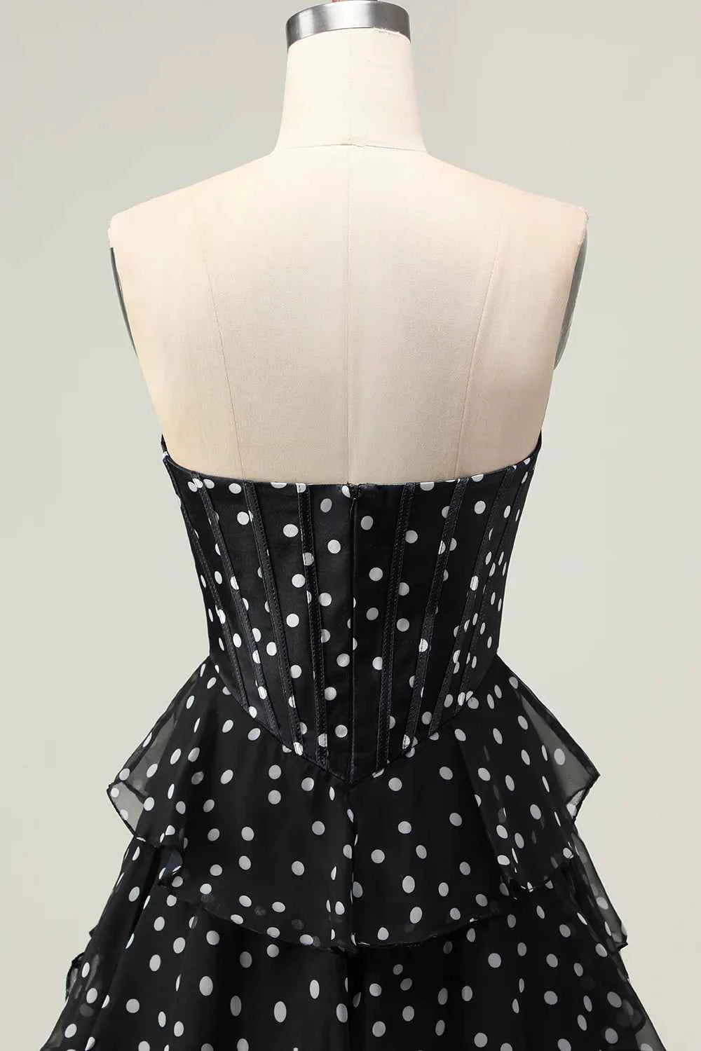 Kimberley Black Polka Dot Corset Bustier Tiered Maxi Dress