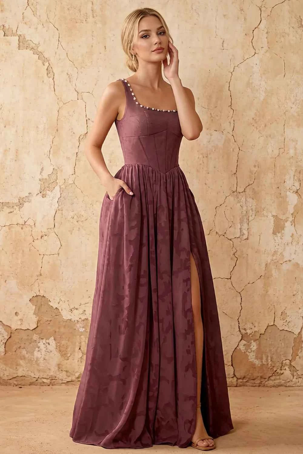 Kimberly Brown Jacquard Pearl Square Neck Maxi Dress Main image