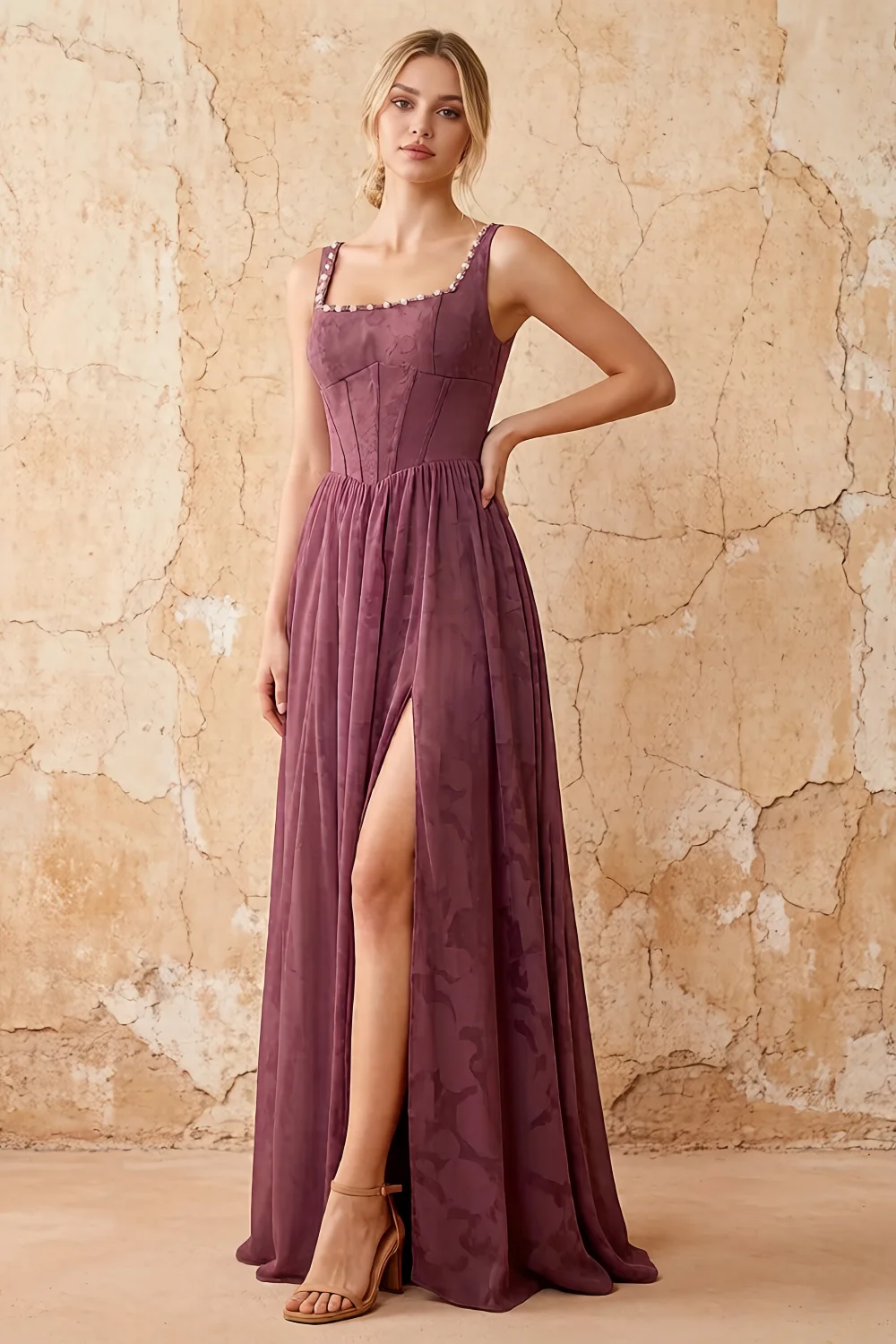 Kimberly Brown Jacquard Pearl Square Neck Maxi Dress