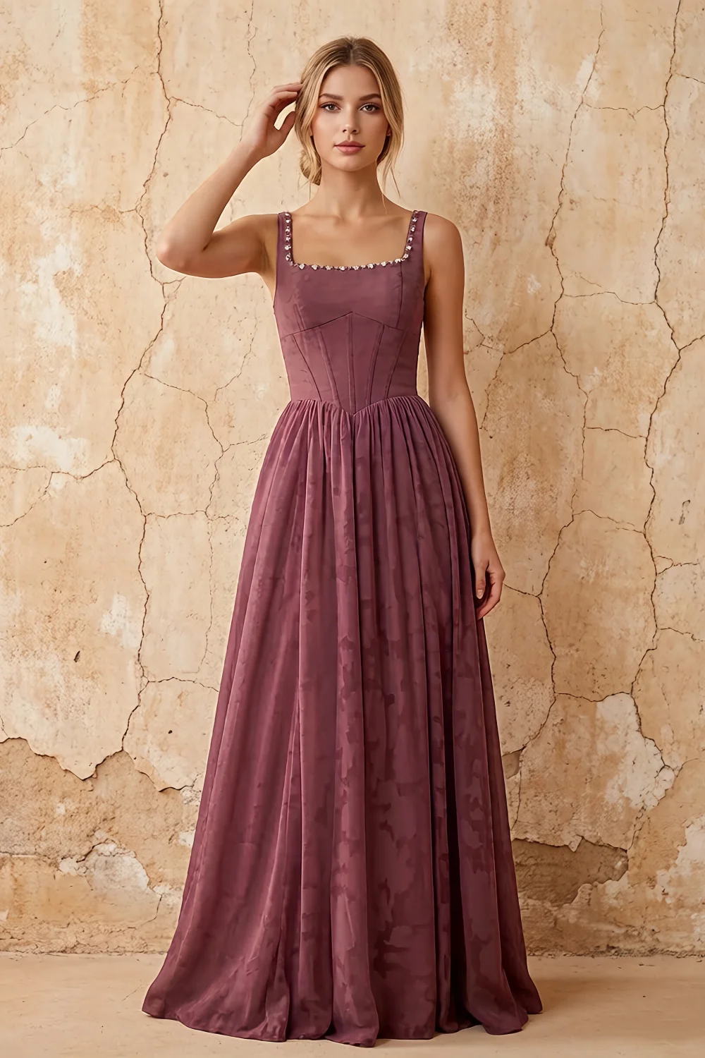 Kimberly Brown Jacquard Pearl Square Neck Maxi Dress