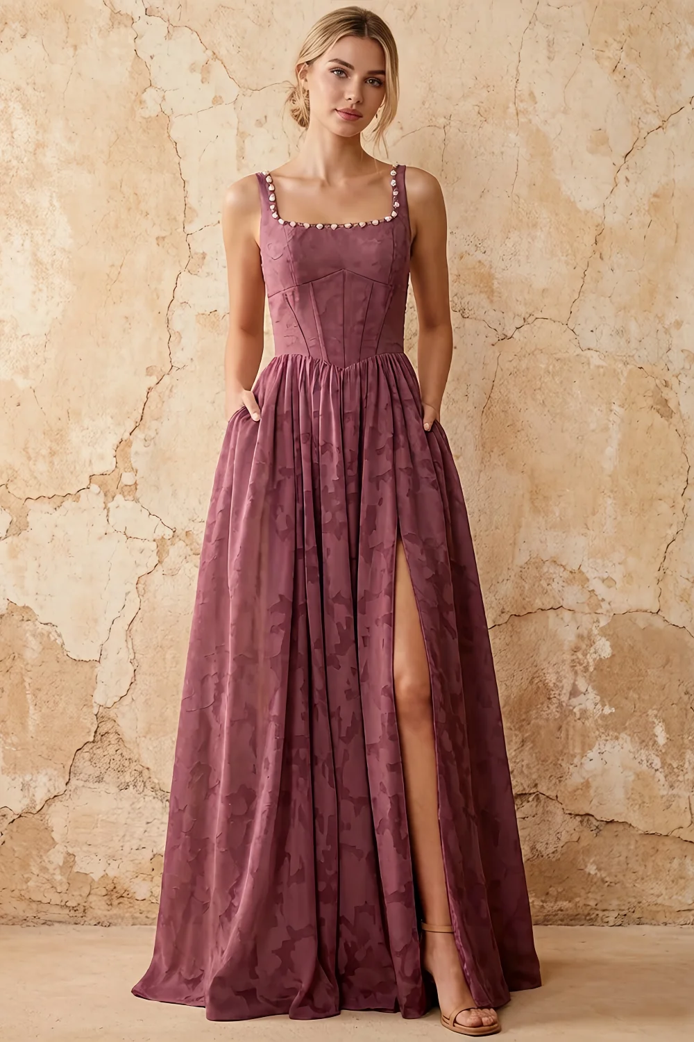 Kimberly Brown Jacquard Pearl Square Neck Maxi Dress