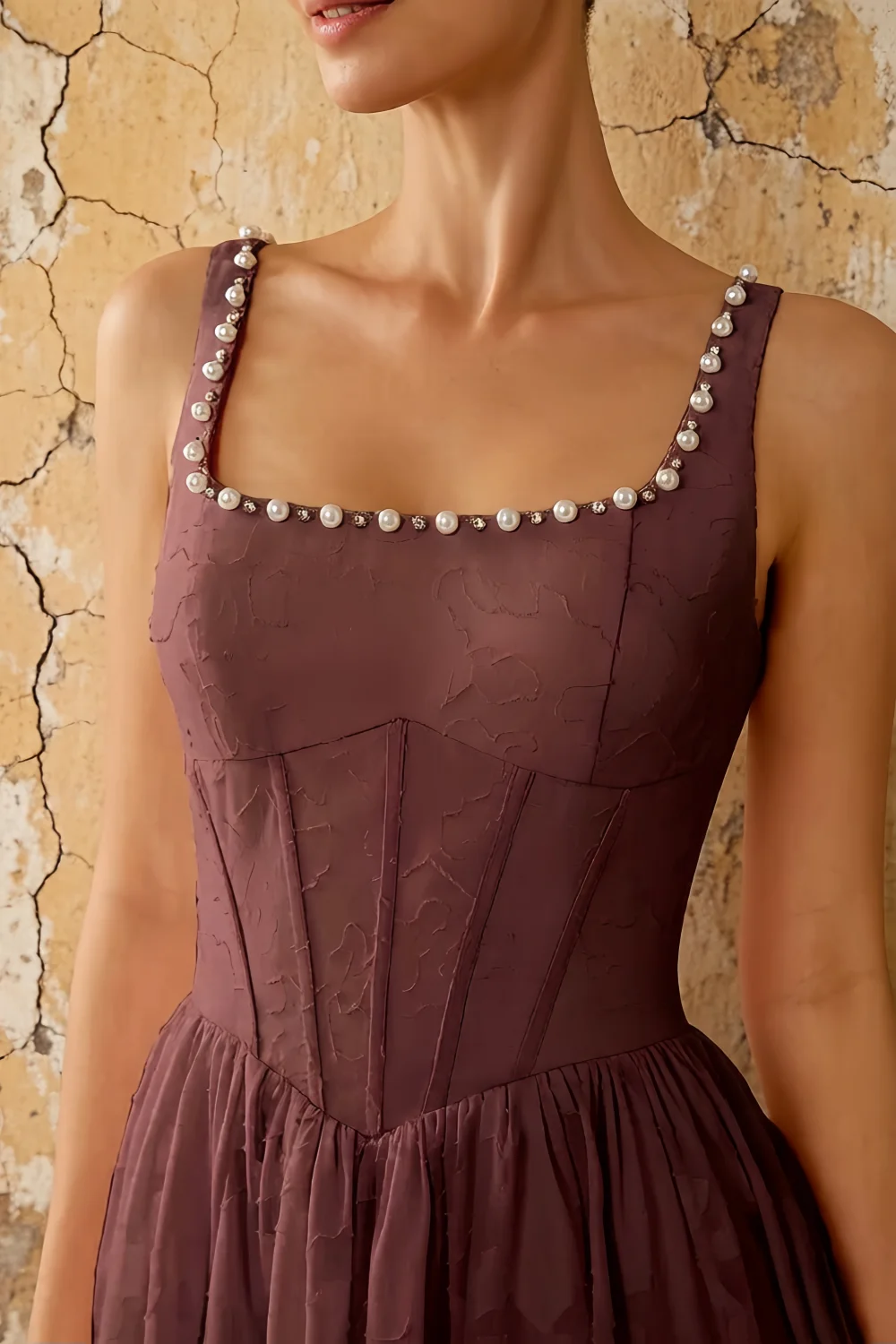 Kimberly Brown Jacquard Pearl Square Neck Maxi Dress