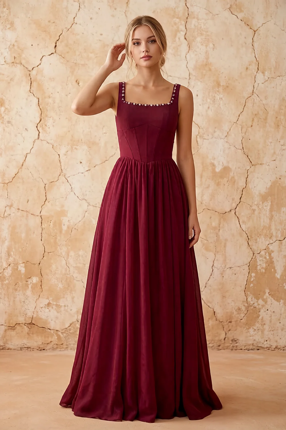 Kimberly Burgundy Jacquard Pearl Square Neck Maxi Dress