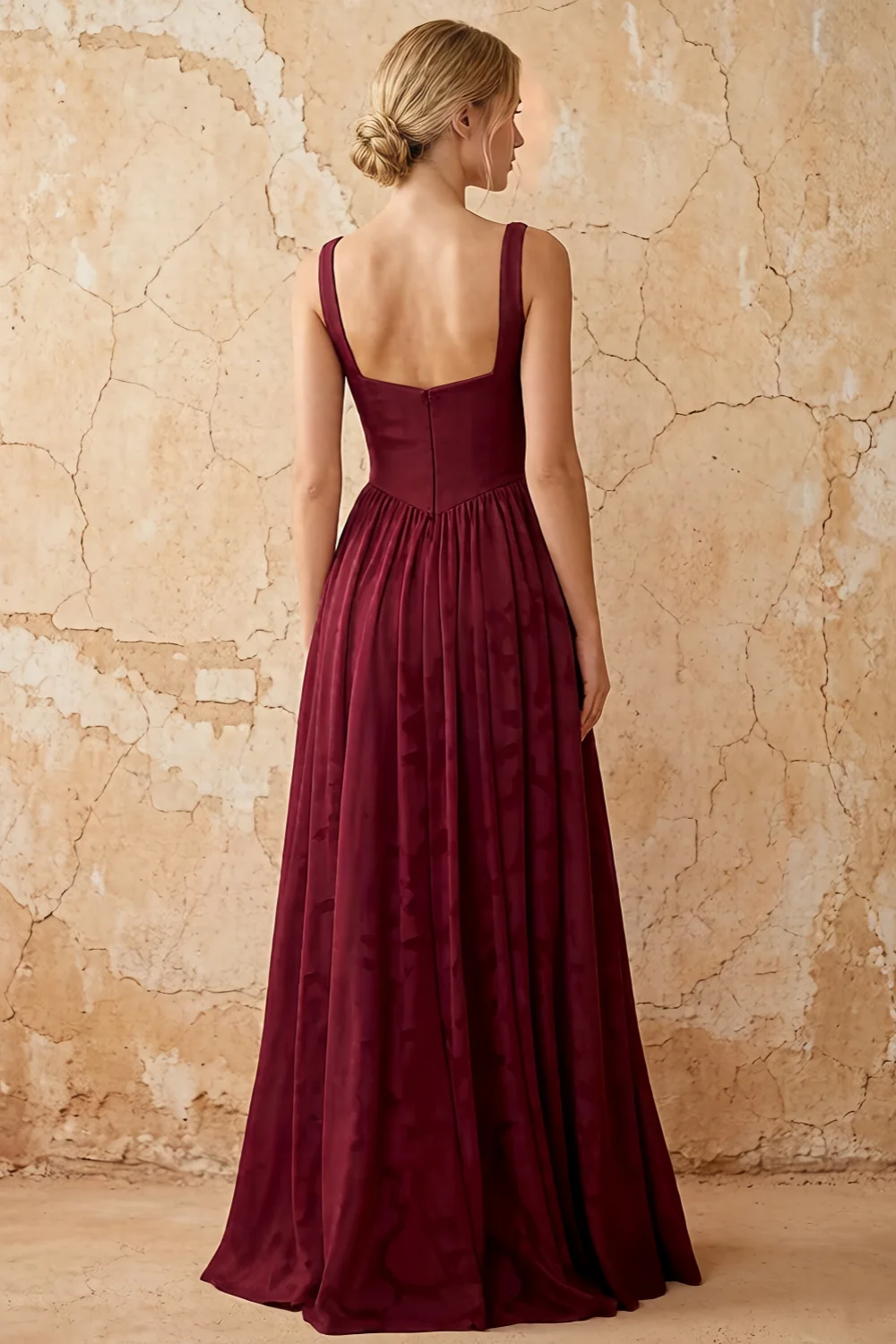 Kimberly Burgundy Jacquard Pearl Square Neck Maxi Dress