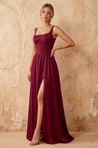 Kimberly Burgundy Jacquard Pearl Square Neck Maxi Dress