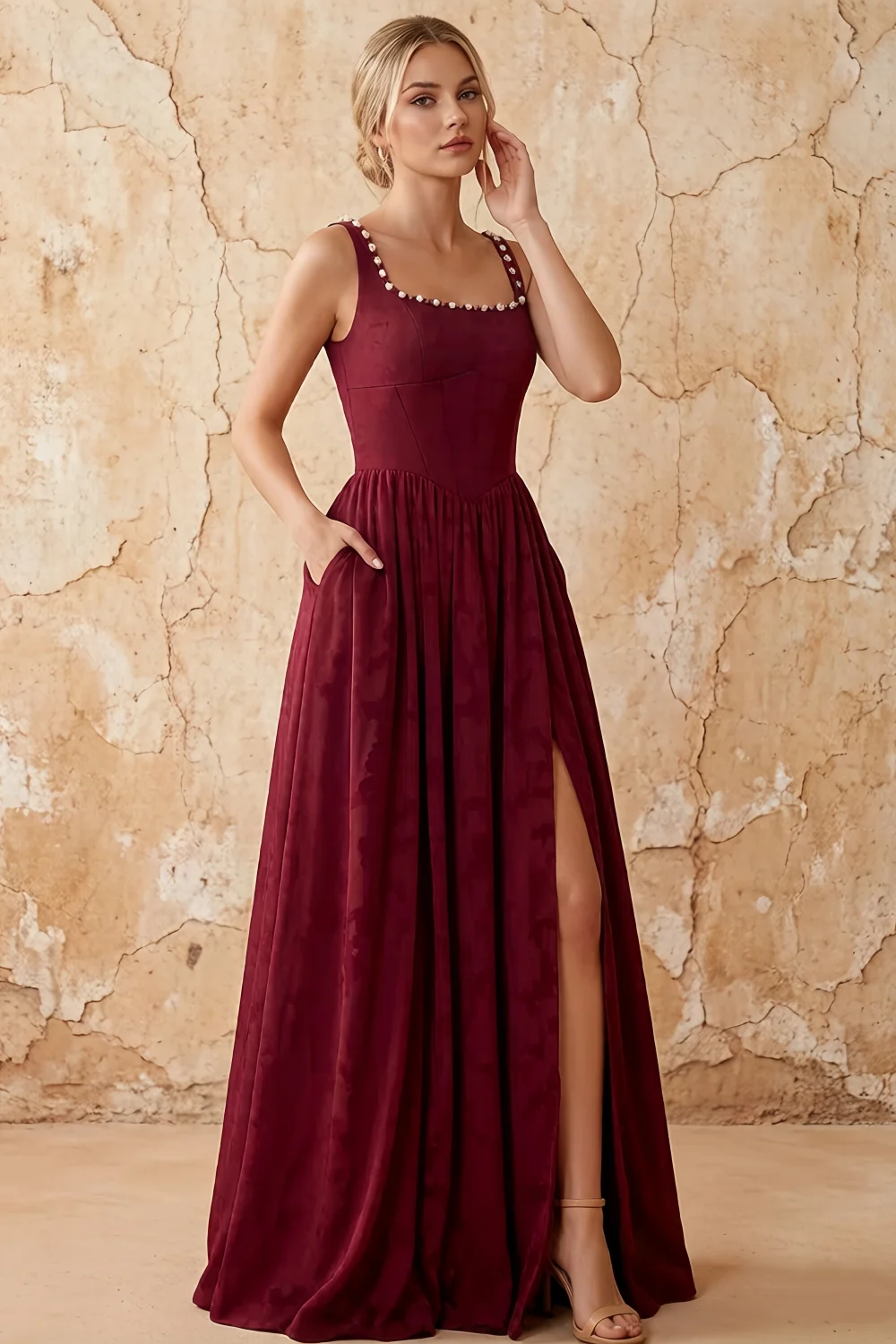Kimberly Burgundy Jacquard Pearl Square Neck Maxi Dress