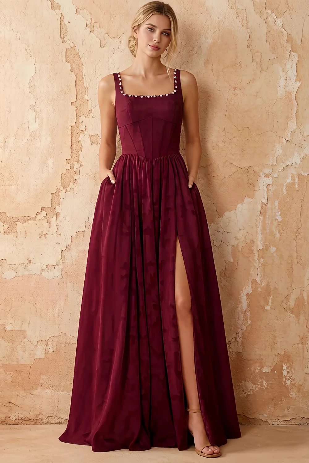 Kimberly Burgundy Jacquard Pearl Square Neck Maxi Dress
