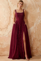 Kimberly Burgundy Jacquard Pearl Square Neck Maxi Dress