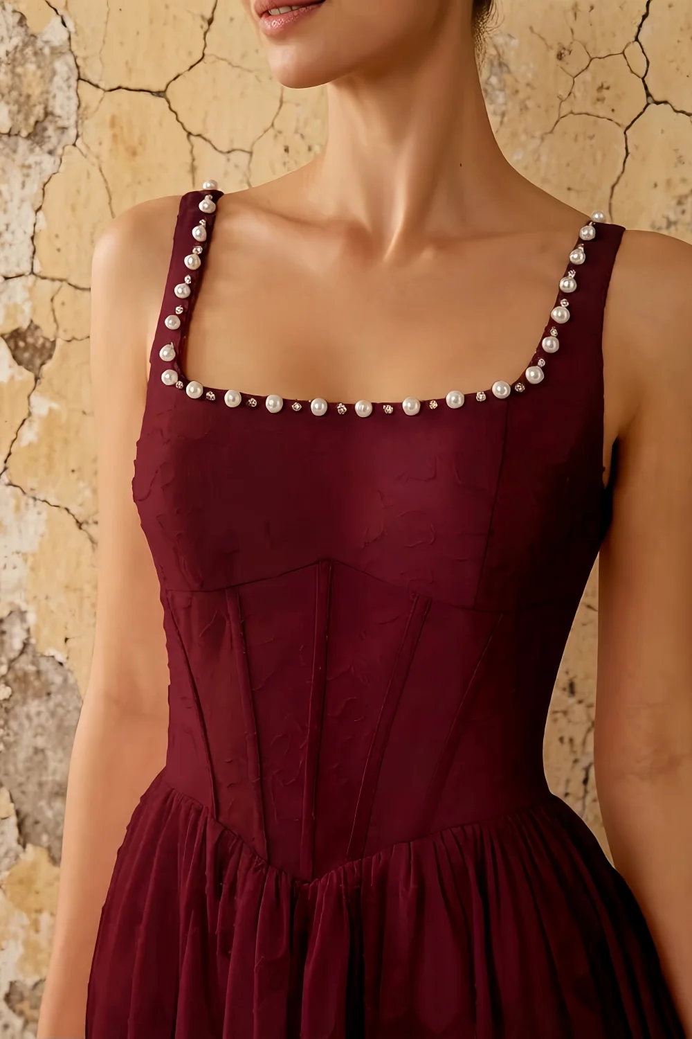 Kimberly Burgundy Jacquard Pearl Square Neck Maxi Dress