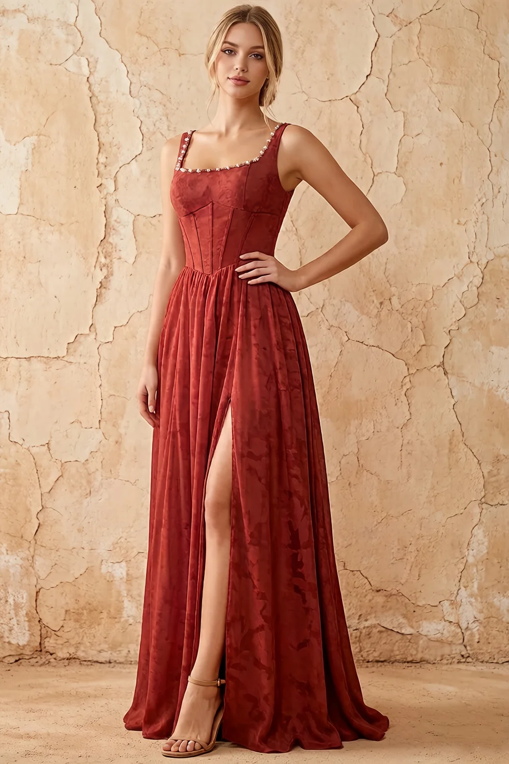Kimberly Burnt Orange Jacquard Pearl Square Neck Maxi Dress Main image
