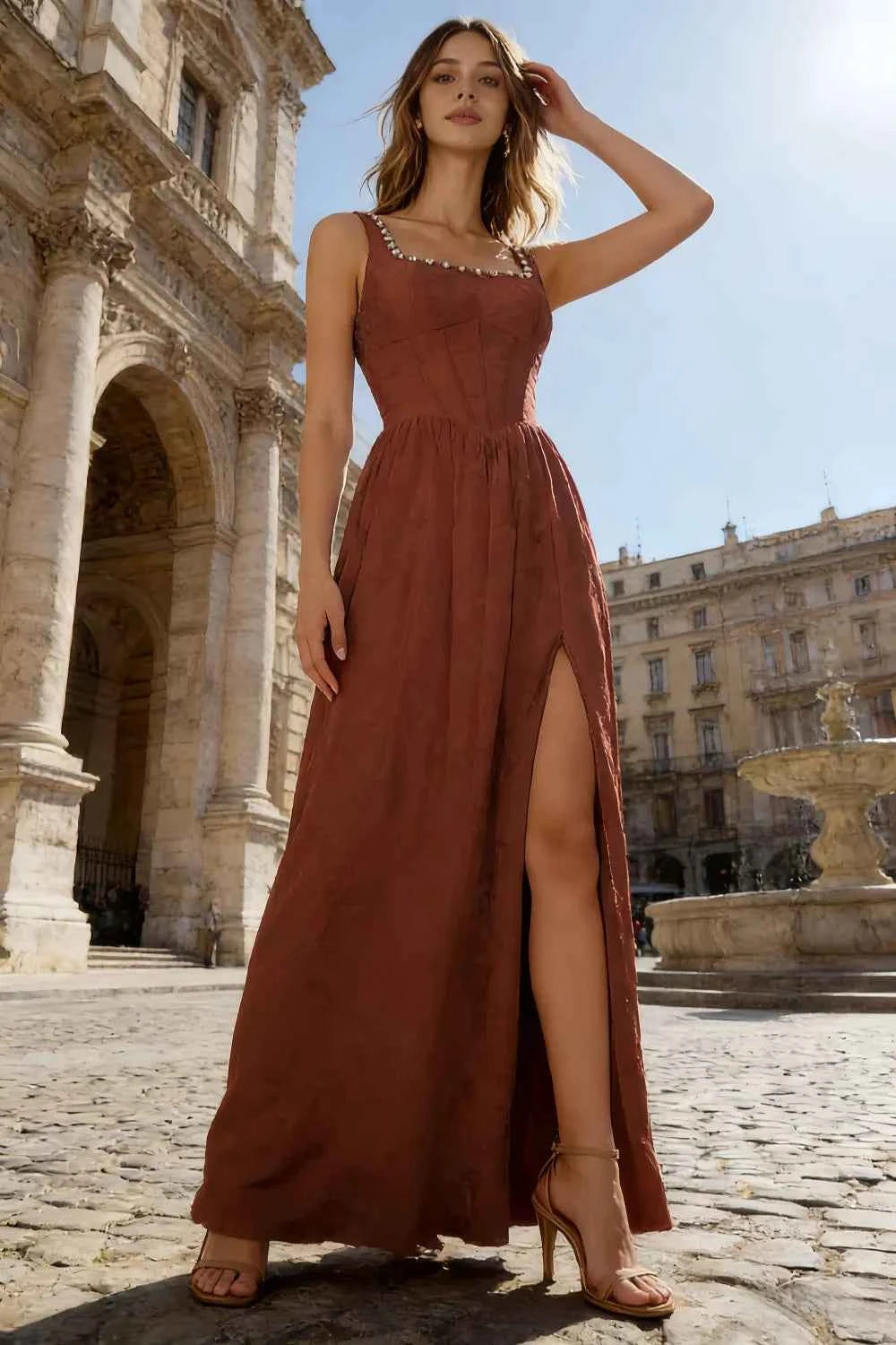Kimberly Burnt Orange Jacquard Pearl Square Neck Maxi Dress
