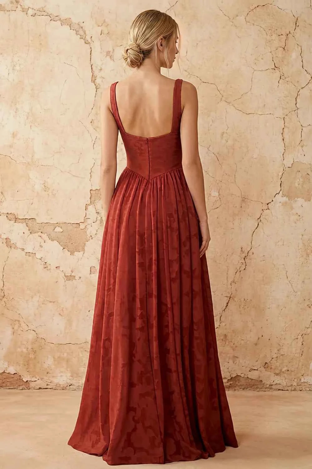 Kimberly Burnt Orange Jacquard Pearl Square Neck Maxi Dress