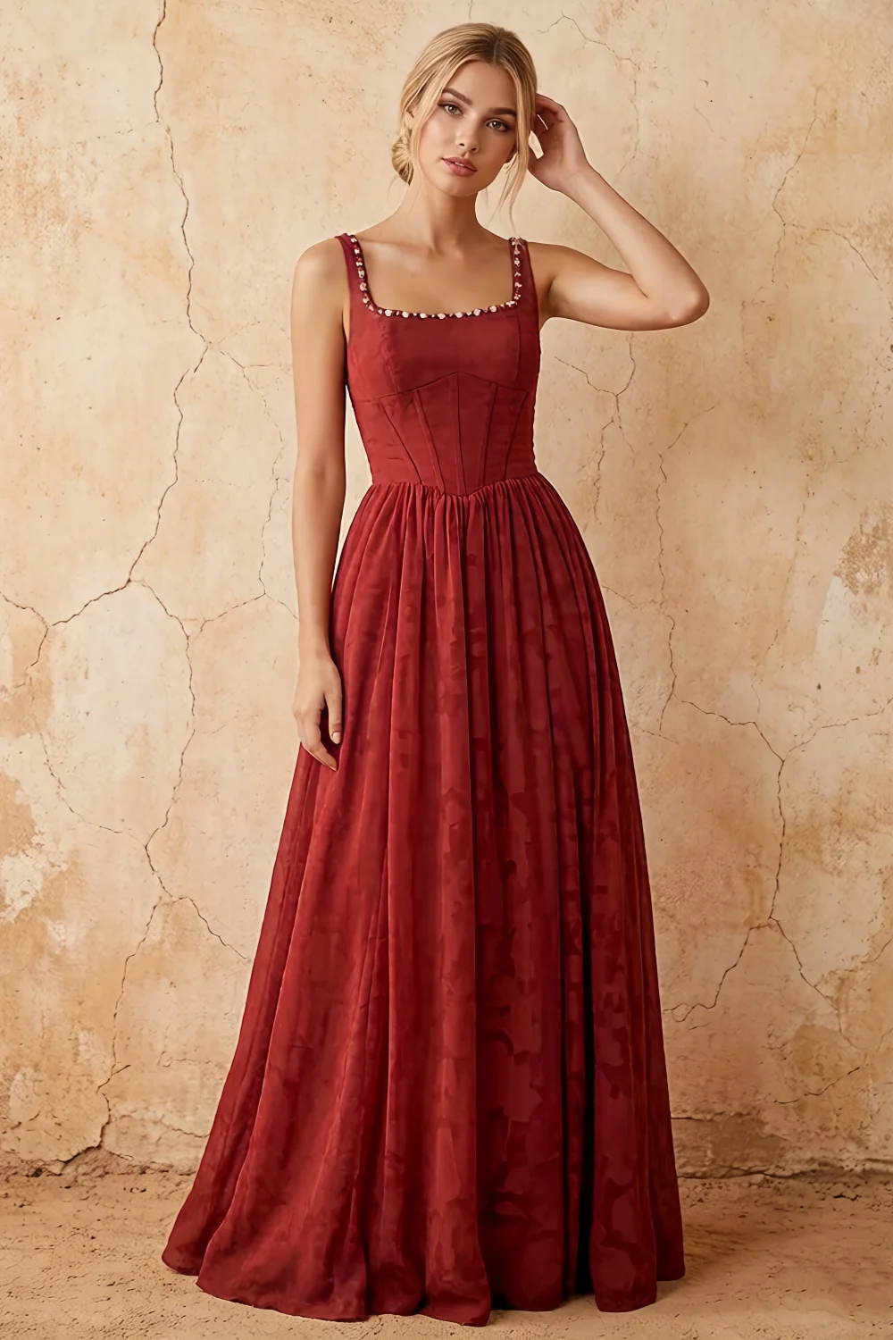 Kimberly Burnt Orange Jacquard Pearl Square Neck Maxi Dress