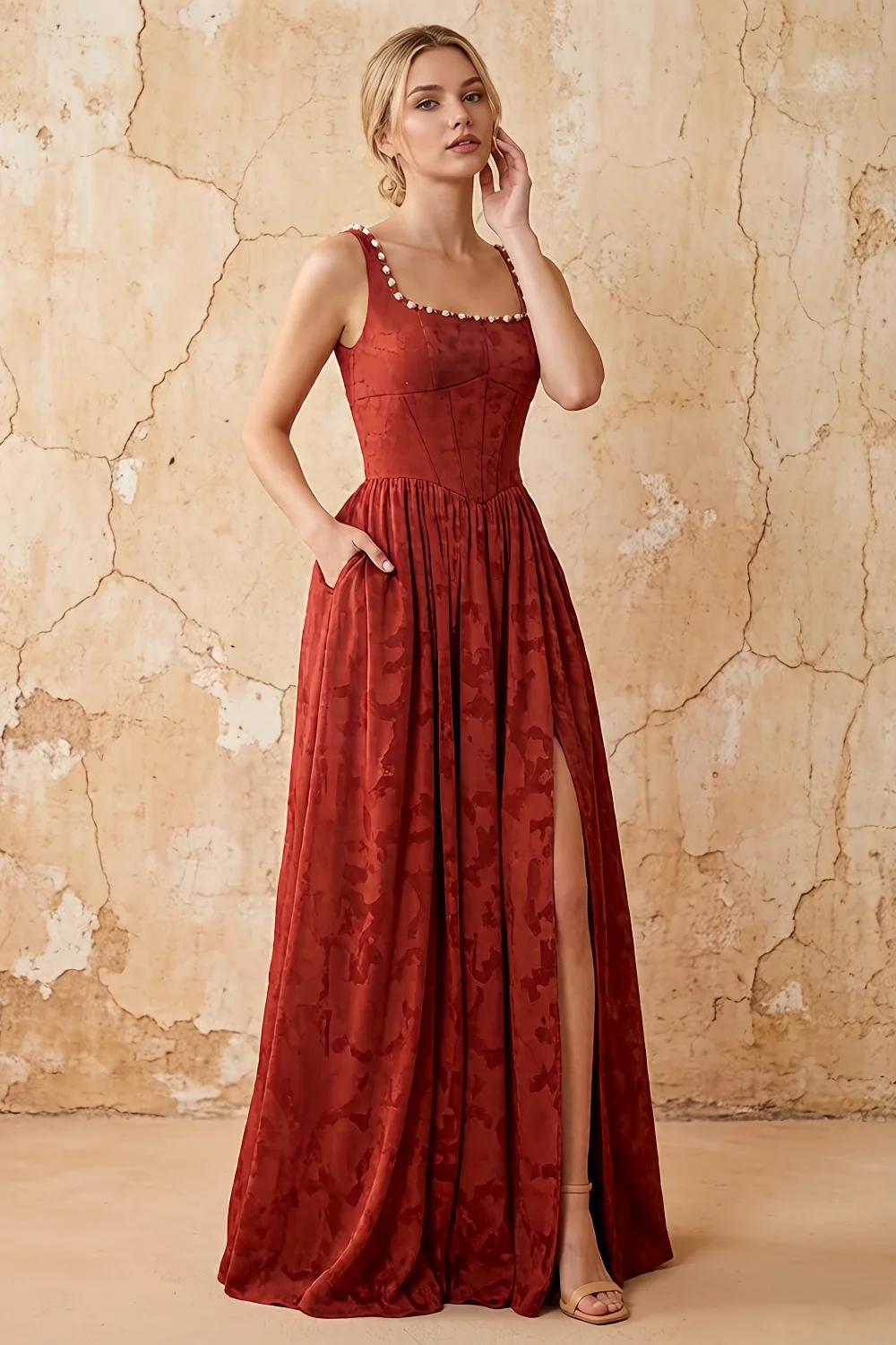 Kimberly Burnt Orange Jacquard Pearl Square Neck Maxi Dress