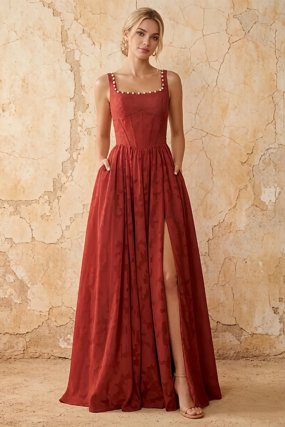 Kimberly Burnt Orange Jacquard Pearl Square Neck Maxi Dress
