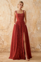 Kimberly Burnt Orange Jacquard Pearl Square Neck Maxi Dress