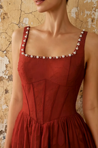 Kimberly Burnt Orange Jacquard Pearl Square Neck Maxi Dress