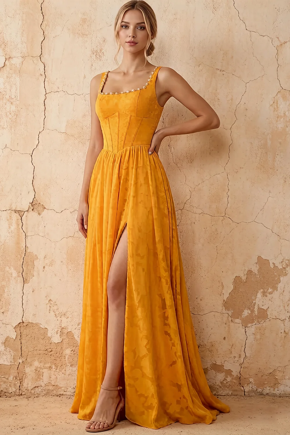 Kimberly Butterscotch Jacquard Pearl Square Neck Maxi Dress Main image