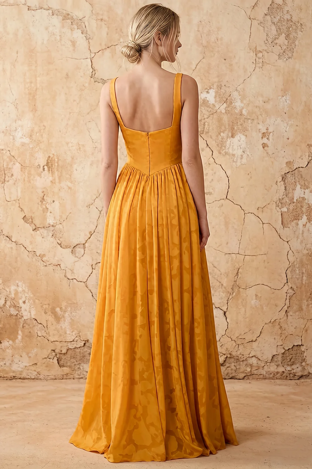 Kimberly Butterscotch Jacquard Pearl Square Neck Maxi Dress
