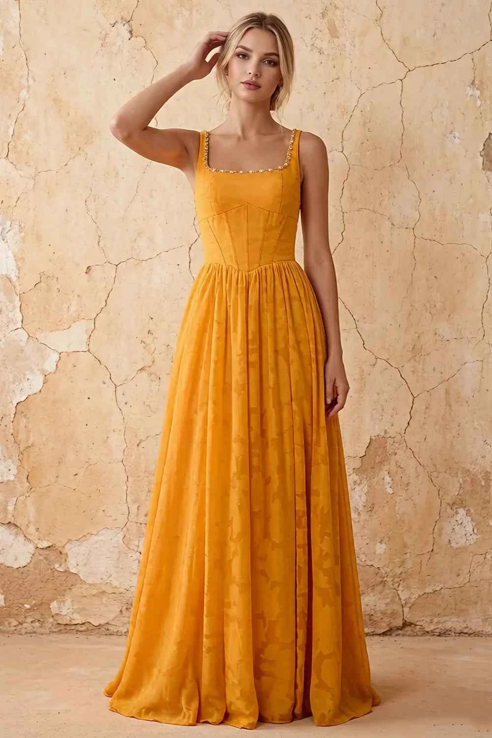Kimberly Butterscotch Jacquard Pearl Square Neck Maxi Dress