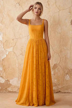 Kimberly Butterscotch Jacquard Pearl Square Neck Maxi Dress