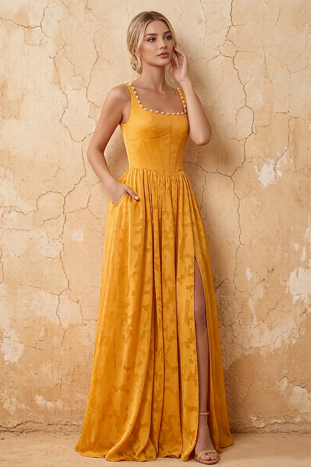 Kimberly Butterscotch Jacquard Pearl Square Neck Maxi Dress