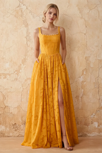 Kimberly Butterscotch Jacquard Pearl Square Neck Maxi Dress