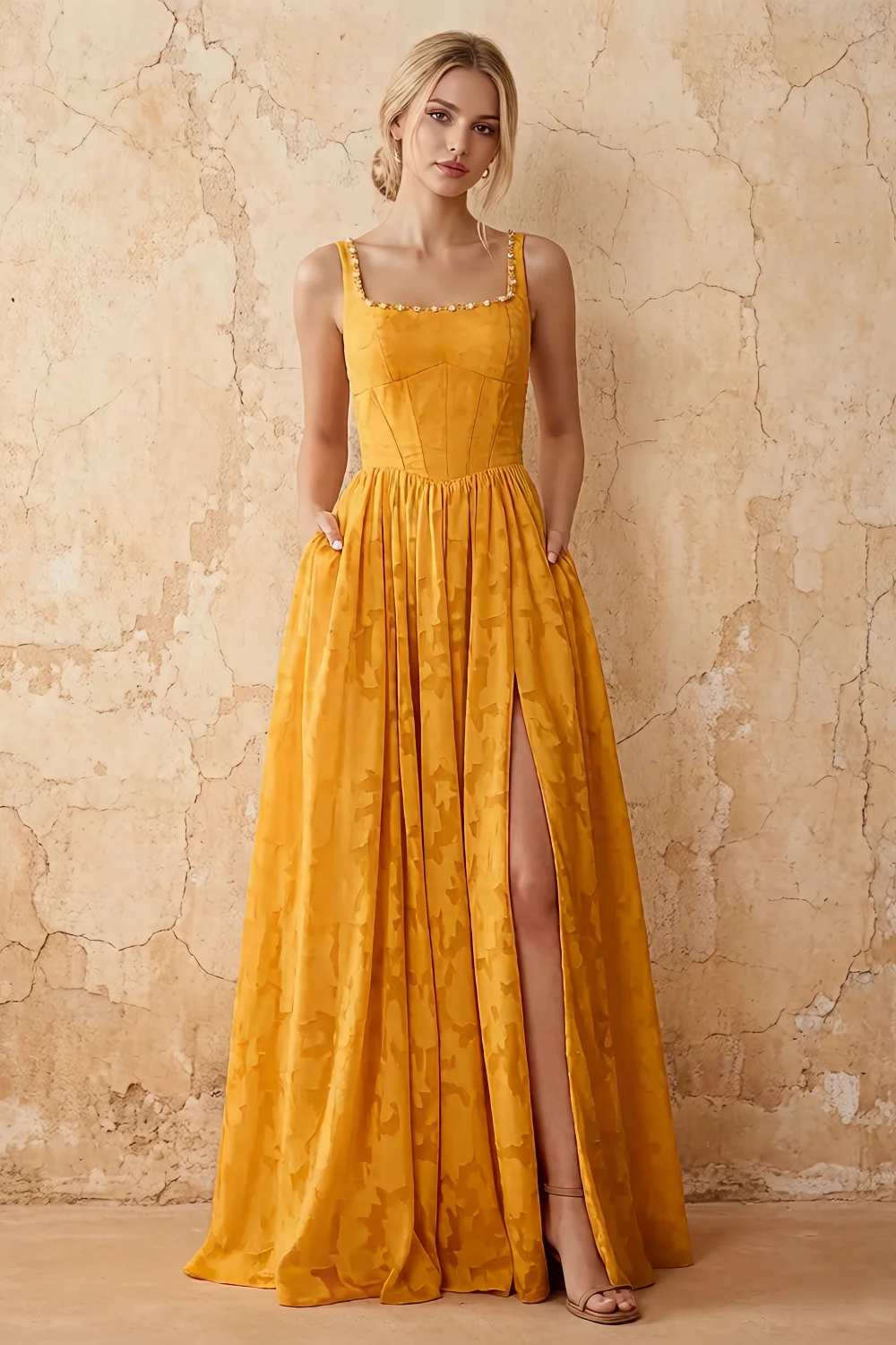 Kimberly Butterscotch Jacquard Pearl Square Neck Maxi Dress