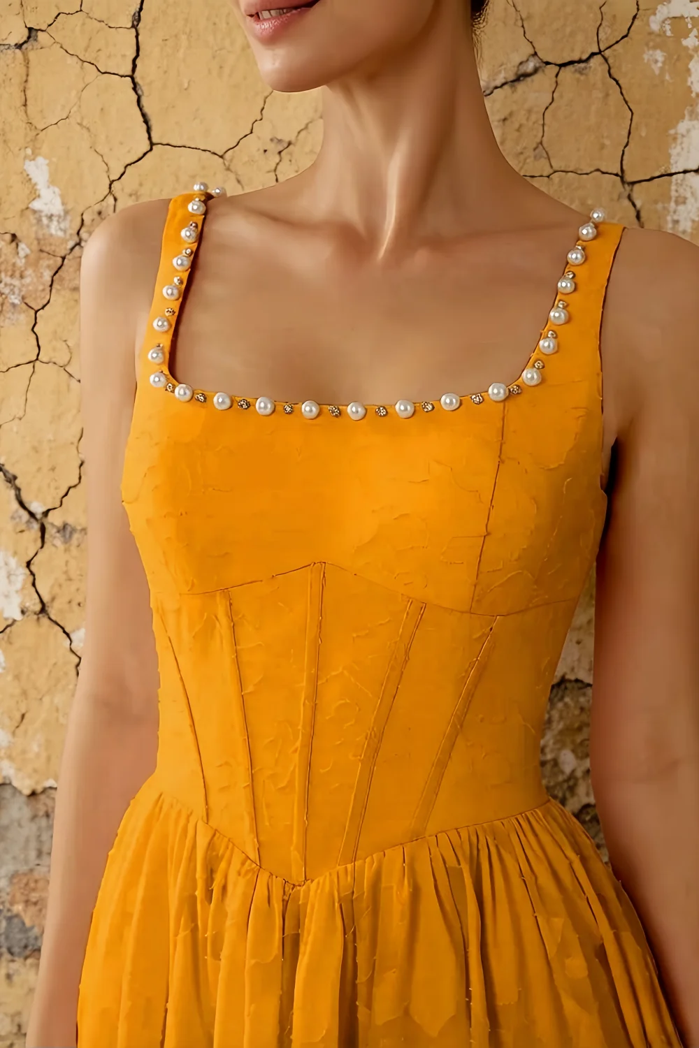 Kimberly Butterscotch Jacquard Pearl Square Neck Maxi Dress