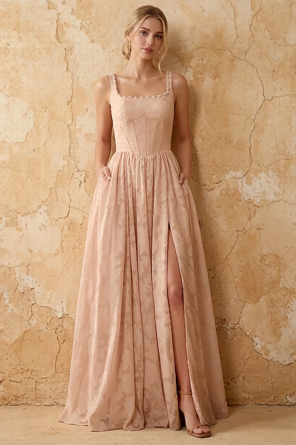 Kimberly Champagne Jacquard Pearl Square Neck Maxi Dress Main image