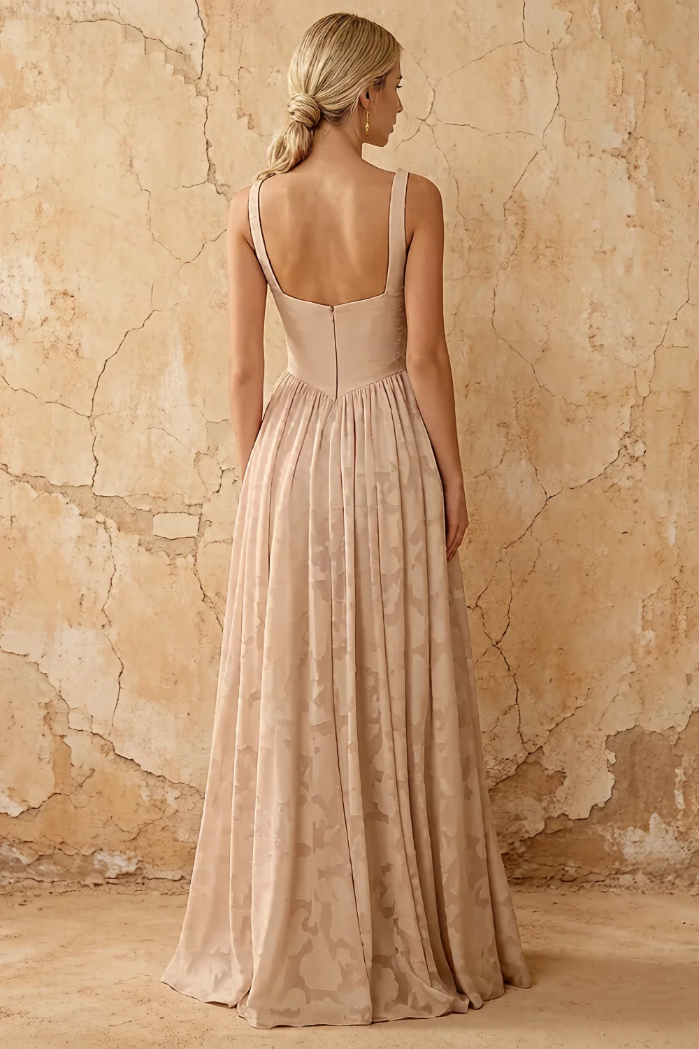 Kimberly Champagne Jacquard Pearl Square Neck Maxi Dress