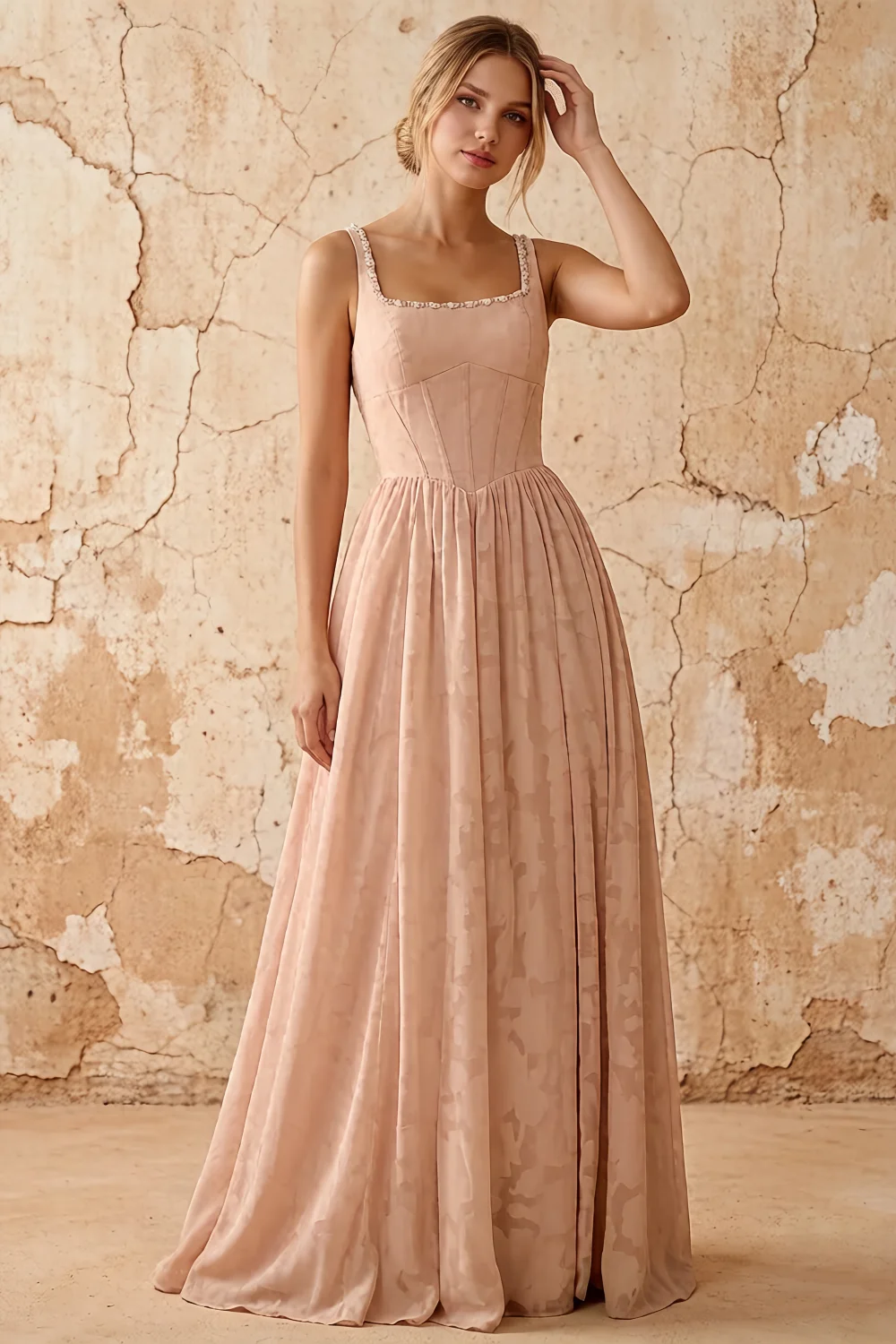 Kimberly Champagne Jacquard Pearl Square Neck Maxi Dress