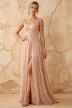 Kimberly Champagne Jacquard Pearl Square Neck Maxi Dress