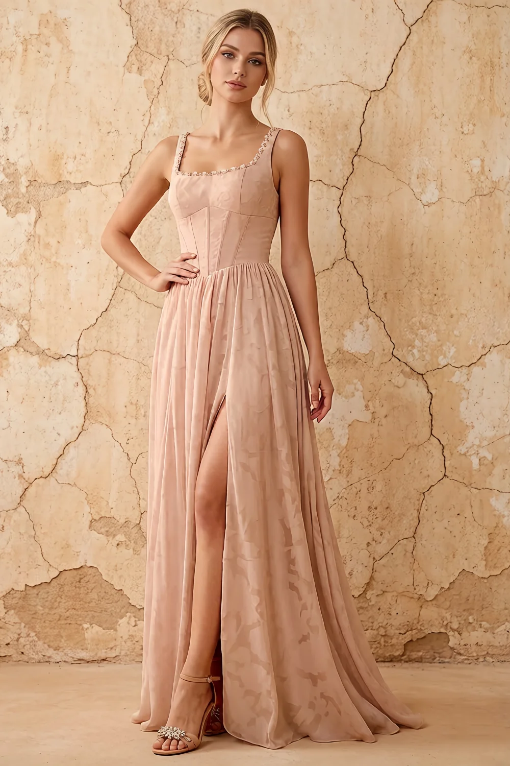 Kimberly Champagne Jacquard Pearl Square Neck Maxi Dress