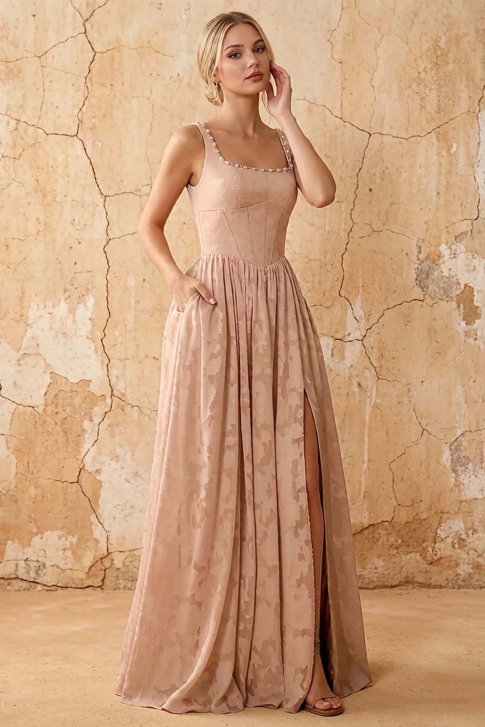 Kimberly Champagne Jacquard Pearl Square Neck Maxi Dress