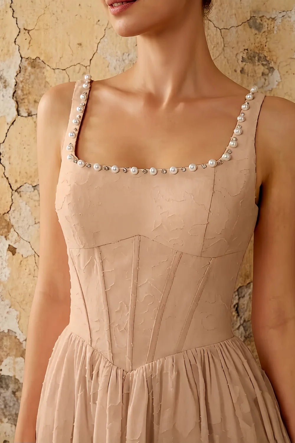 Kimberly Champagne Jacquard Pearl Square Neck Maxi Dress