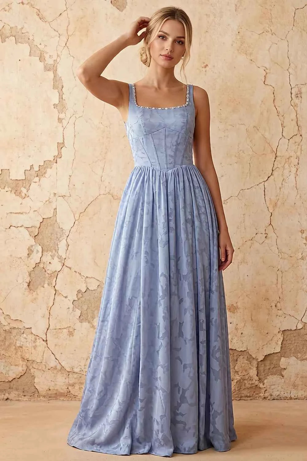 Kimberly Dusty Blue Jacquard Pearl Square Neck Maxi Dress