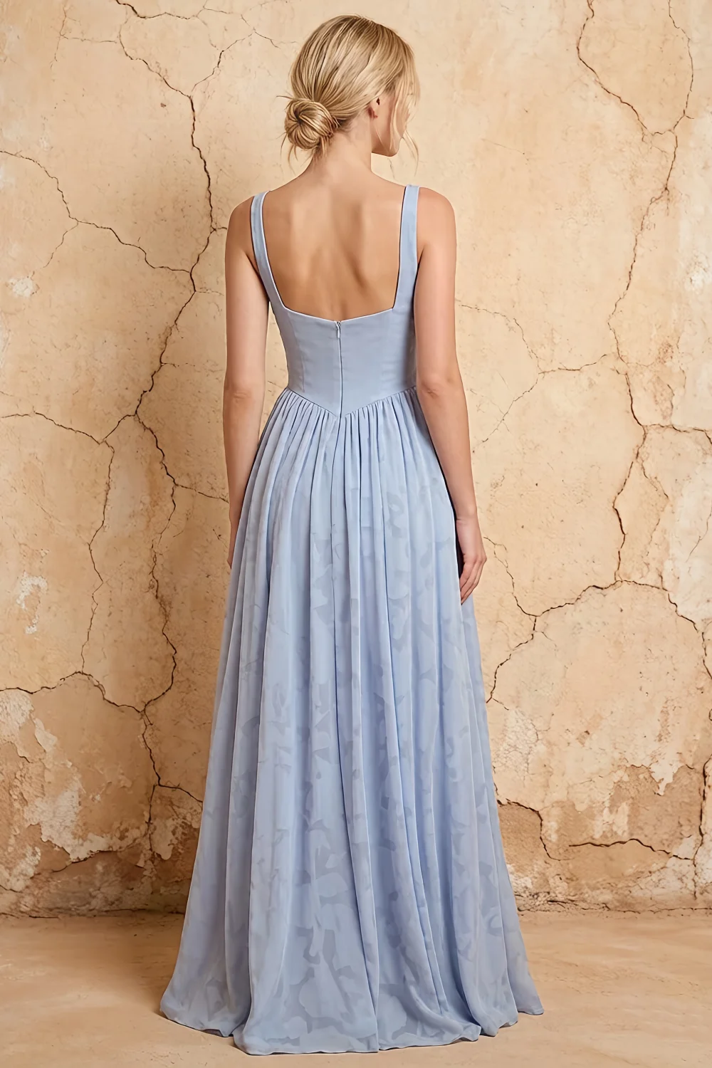 Kimberly Dusty Blue Jacquard Pearl Square Neck Maxi Dress