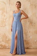 Kimberly Dusty Blue Jacquard Pearl Square Neck Maxi Dress