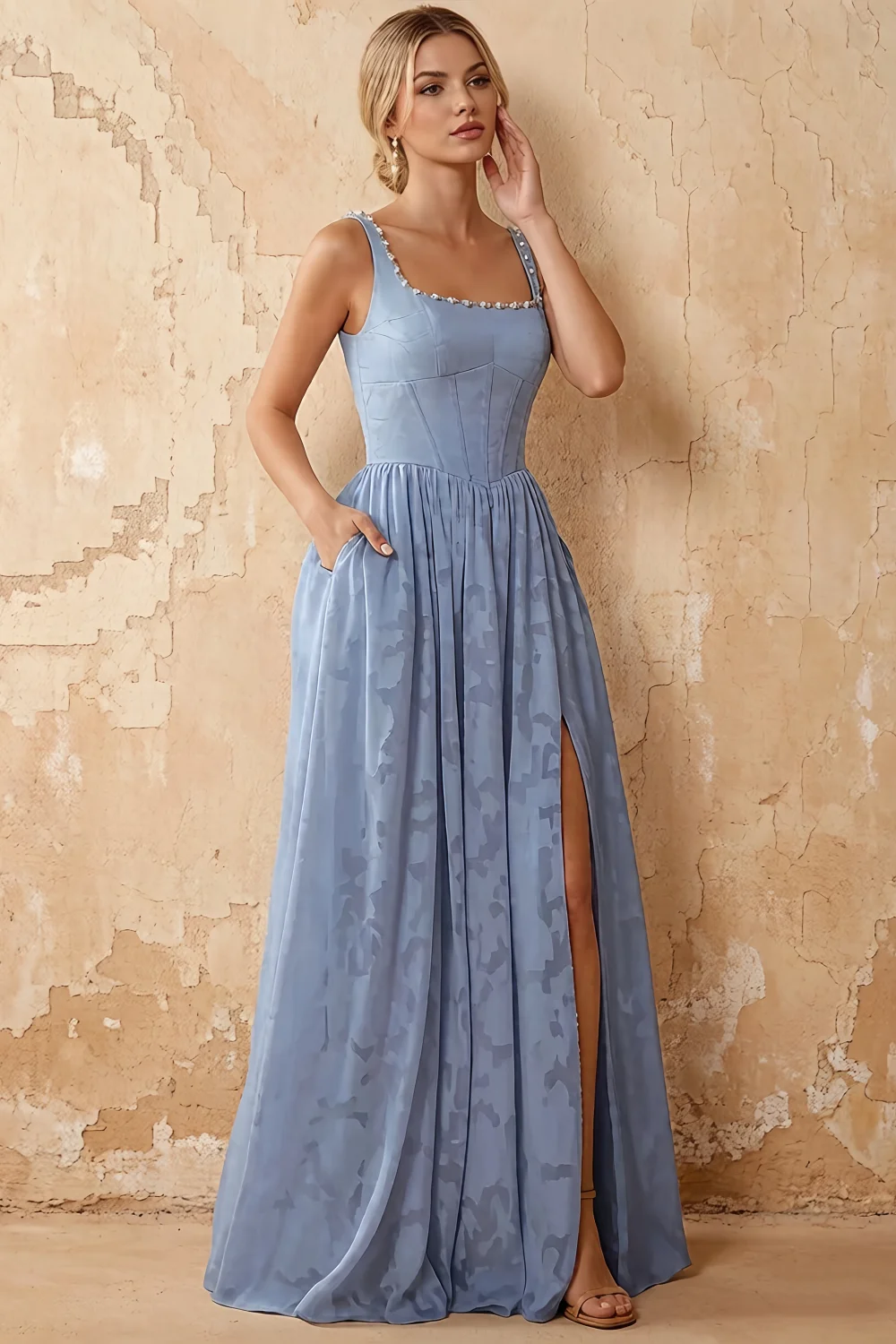 Kimberly Dusty Blue Jacquard Pearl Square Neck Maxi Dress
