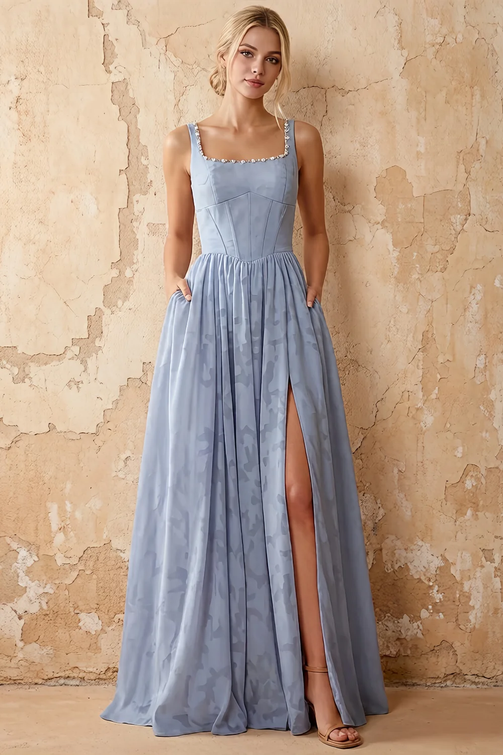 Kimberly Dusty Blue Jacquard Pearl Square Neck Maxi Dress