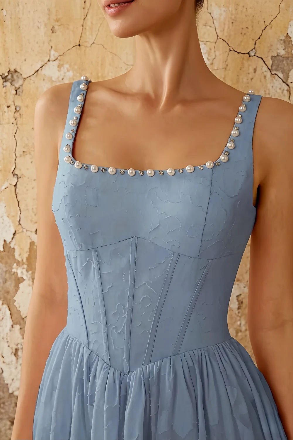 Kimberly Dusty Blue Jacquard Pearl Square Neck Maxi Dress