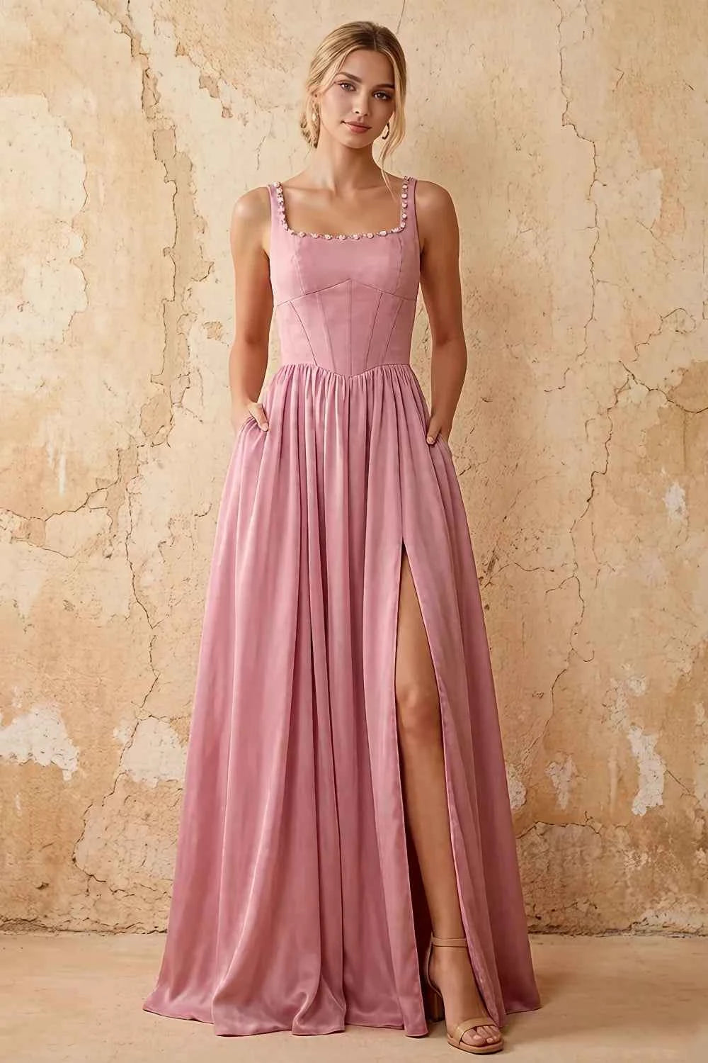 Kimberly Dusty Pink Jacquard Pearl Square Neck Maxi Dress Main image