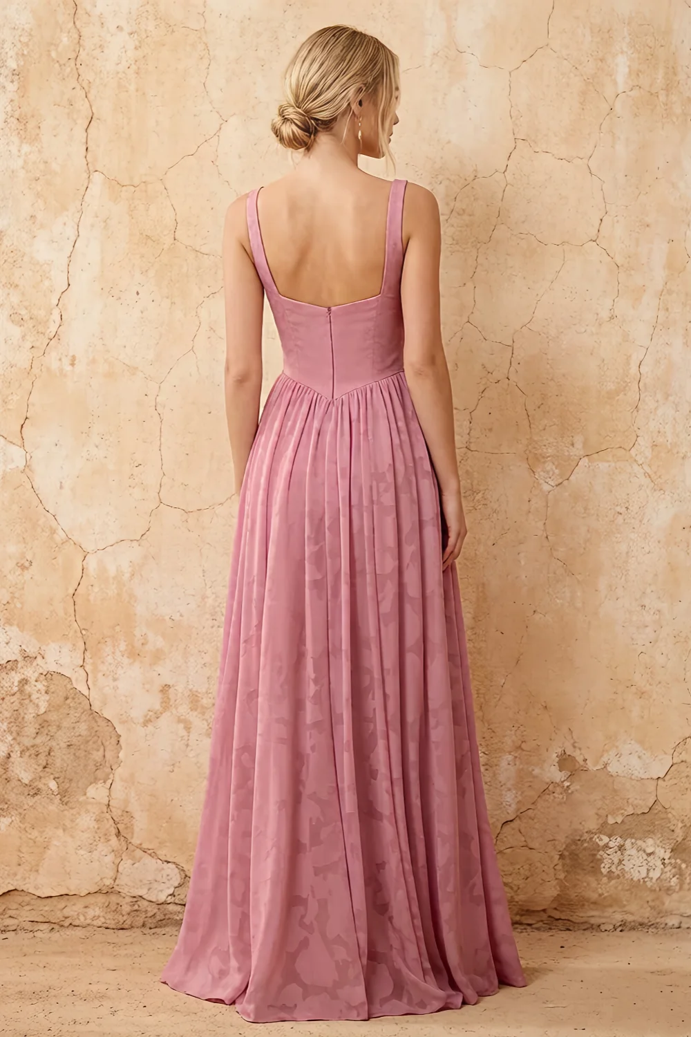 Kimberly Dusty Pink Jacquard Pearl Square Neck Maxi Dress