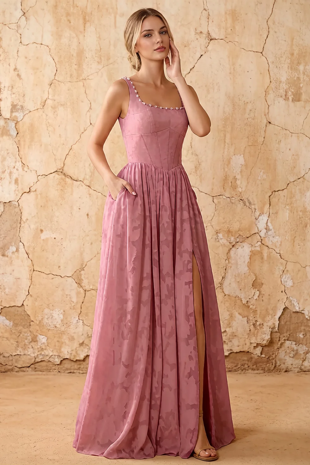 Kimberly Dusty Pink Jacquard Pearl Square Neck Maxi Dress
