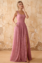 Kimberly Dusty Pink Jacquard Pearl Square Neck Maxi Dress